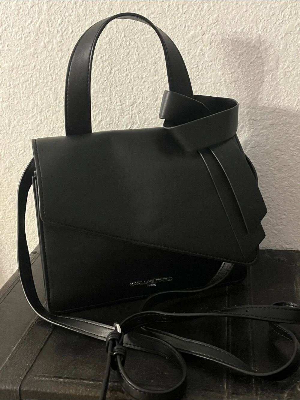 Karl Lagerfeld Black Structured Crossbody Satchel with Top Handle and Bow Accent